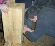 Cathal finishes the sawing of the big ash block into two. Photo: Stephen Ryan.